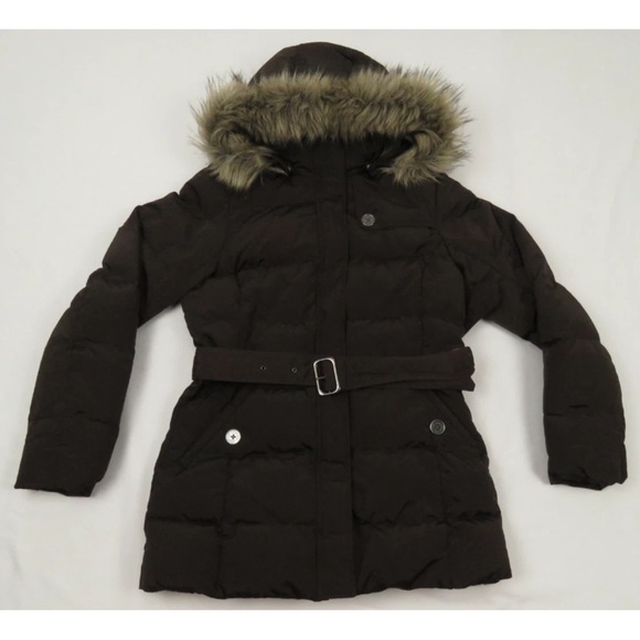 Lands End Quilted Down Belted Womens Faux Fur Hooded Full Zip Puffer Jacket S - Picture 1 of 7